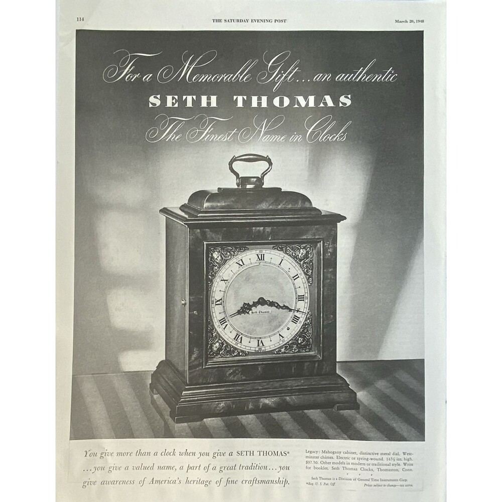 SETH THOMAS Clock "Legacy: Mahogany Cabinet Distinctive Metal Dial" Print Ad '48
